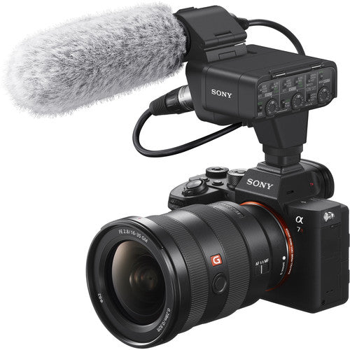 Sony XLR-K3M Dual-Channel XLR Audio Adaptor with Shotgun Microphone for professional sound recording on compatible Sony cameras.
