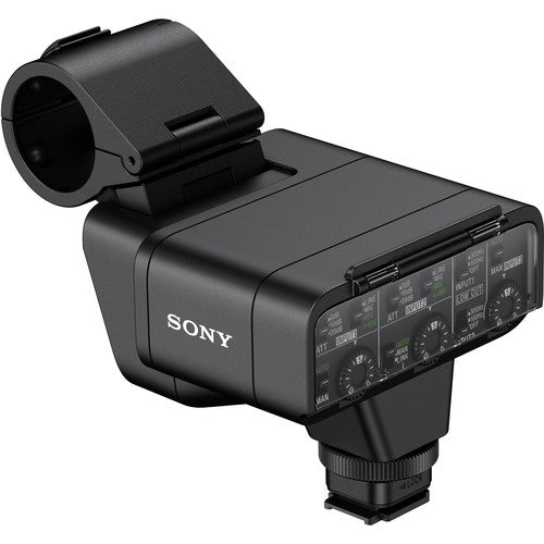 Sony XLR-K3M Dual-Channel XLR Audio Adaptor with Shotgun Microphone for professional sound recording on compatible Sony cameras.
