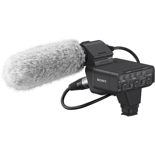 Sony XLR-K3M Dual-Channel XLR Audio Adaptor with Shotgun Microphone for professional sound recording on compatible Sony cameras.
