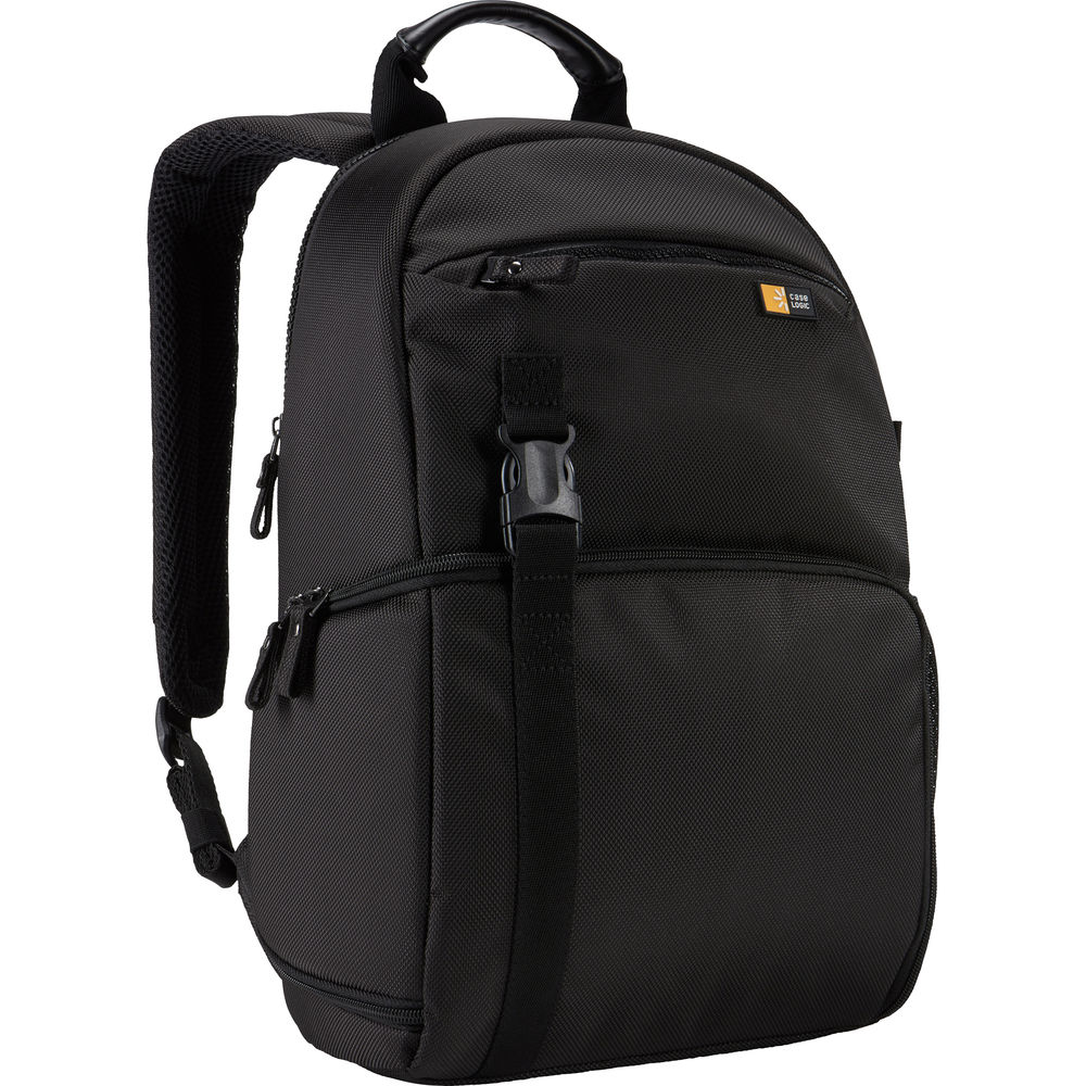 Black backpack with a visible brand logo on a white background