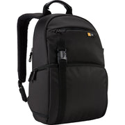 Black backpack with a visible brand logo on a white background