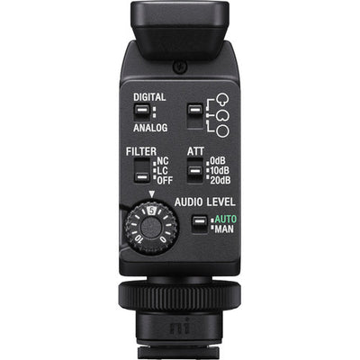 Sony ECM-B1M compact camera-mounted shotgun microphone with Multi Interface Shoe for digital audio transmission.