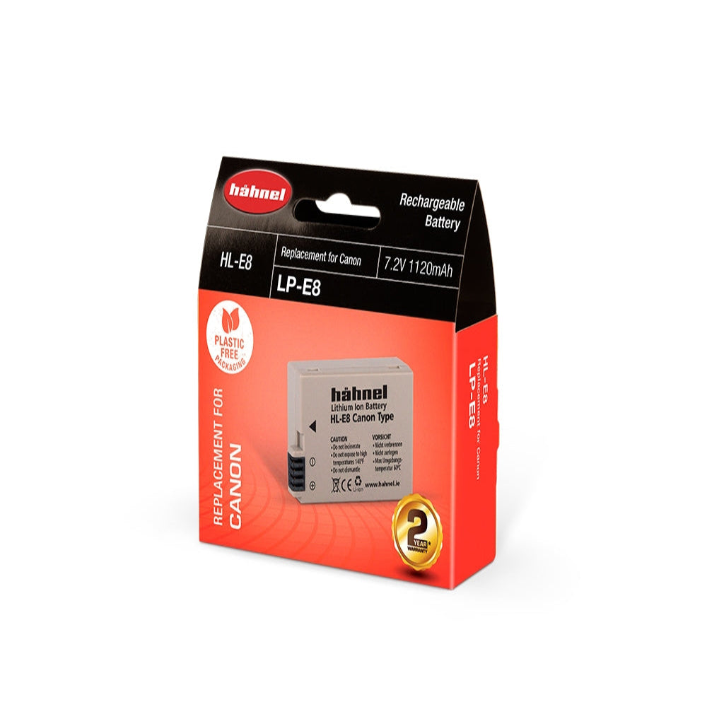 Hahnel HL-E8 is a high-quality, eco-friendly 7.4V battery for Canon EOS 550D and 600D, equivalent to Canon LP-E8.