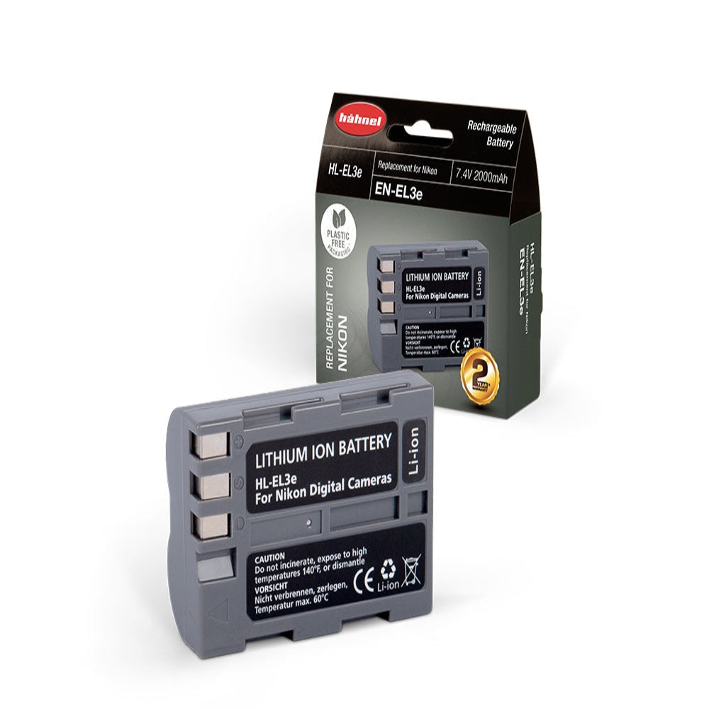 Hahnel HL-EL3e is a 1650mAh 7.4V lithium-ion battery replacement for Nikon EN-EL3e, compatible with Nikon D50–D700 SLR cameras.