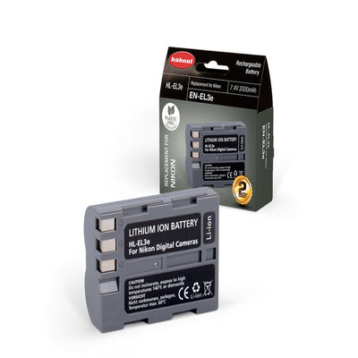 Hahnel HL-EL3e is a 1650mAh 7.4V lithium-ion battery replacement for Nikon EN-EL3e, compatible with Nikon D50–D700 SLR cameras.