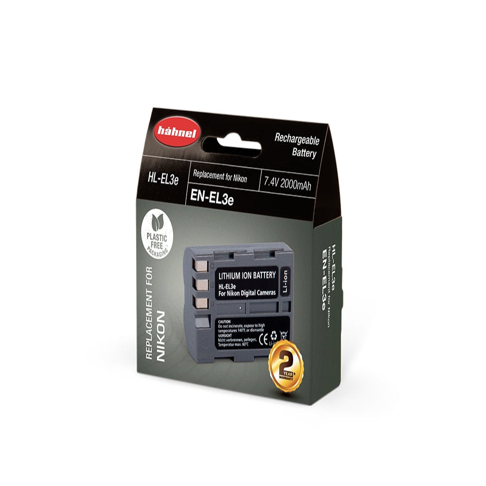 Hahnel HL-EL3e is a 1650mAh 7.4V lithium-ion battery replacement for Nikon EN-EL3e, compatible with Nikon D50–D700 SLR cameras.