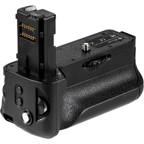 Sony VG-C2EM Battery Grip for a7 II, a7R II, and a7S II, extending battery life and providing ergonomic support for vertical shooting.