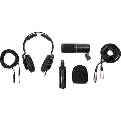 Zoom ZDM-1 Podcast Mic Pack with dynamic microphone, studio headphones, stand, cable, and windscreen — ideal for podcasting and streaming.