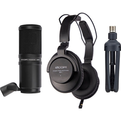Zoom ZDM-1 Podcast Mic Pack with dynamic microphone, studio headphones, stand, cable, and windscreen — ideal for podcasting and streaming.