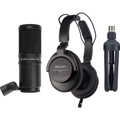 Zoom ZDM-1 Podcast Mic Pack with dynamic microphone, studio headphones, stand, cable, and windscreen — ideal for podcasting and streaming.