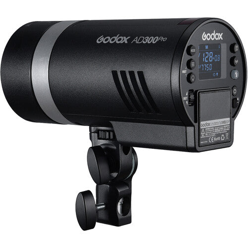 Godox AD300 Pro Portable Pocket Flash – compact flash unit in silver/grey housing, showing control panel and Bowens mount front