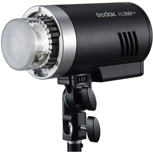 Godox AD300 Pro Portable Pocket Flash – compact flash unit in silver/grey housing, showing control panel and Bowens mount front
