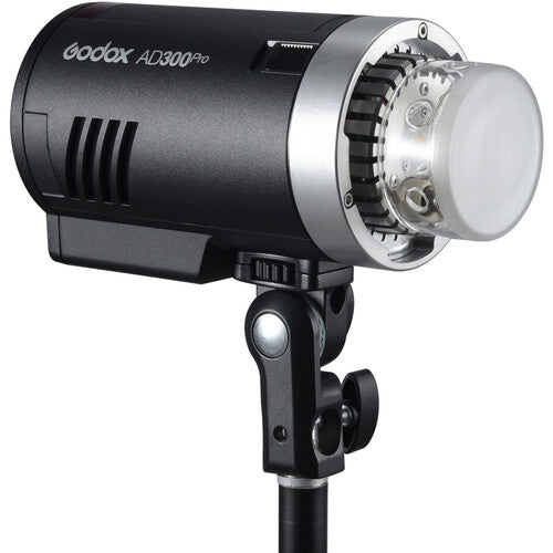 Godox AD300 Pro Portable Pocket Flash – compact flash unit in silver/grey housing, showing control panel and Bowens mount front