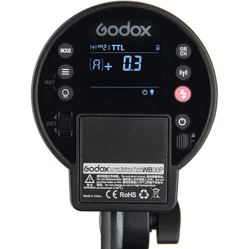 Godox AD300 Pro Portable Pocket Flash – compact flash unit in silver/grey housing, showing control panel and Bowens mount front