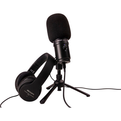 Zoom ZUM-2 Podcast Mic Pack with USB condenser microphone, headphones, and boom arm for podcasters and streamers.