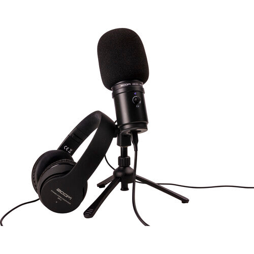 Zoom ZUM-2 Podcast Mic Pack with USB condenser microphone, headphones, and boom arm for podcasters and streamers.