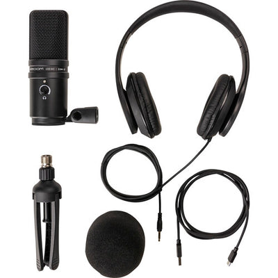 Zoom ZUM-2 Podcast Mic Pack with USB condenser microphone, headphones, and boom arm for podcasters and streamers.