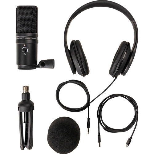 Zoom ZUM-2 Podcast Mic Pack with USB condenser microphone, headphones, and boom arm for podcasters and streamers.