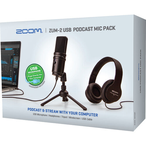 Zoom ZUM-2 Podcast Mic Pack with USB condenser microphone, headphones, and boom arm for podcasters and streamers.