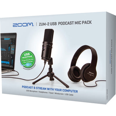 Zoom ZUM-2 Podcast Mic Pack with USB condenser microphone, headphones, and boom arm for podcasters and streamers.