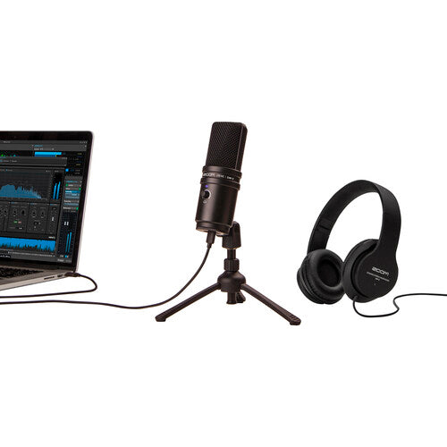 Zoom ZUM-2 Podcast Mic Pack with USB condenser microphone, headphones, and boom arm for podcasters and streamers.