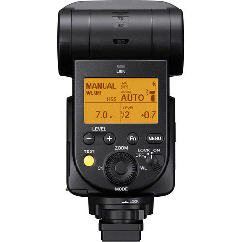 Sony HVL-F60RM2 professional wireless flash with GN60 output, radio control, and bounce system for Sony Alpha cameras.