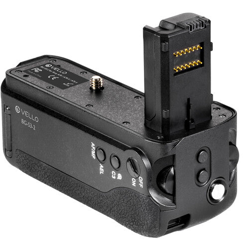 Sony VG-C2EM Battery Grip for a7 II, a7R II, and a7S II, extending battery life and providing ergonomic support for vertical shooting.