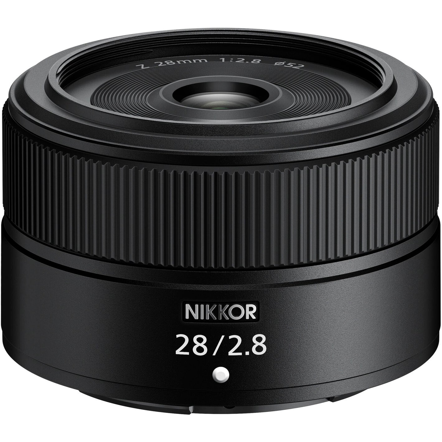 Black camera lens with 'Nikkor' branding on a white background