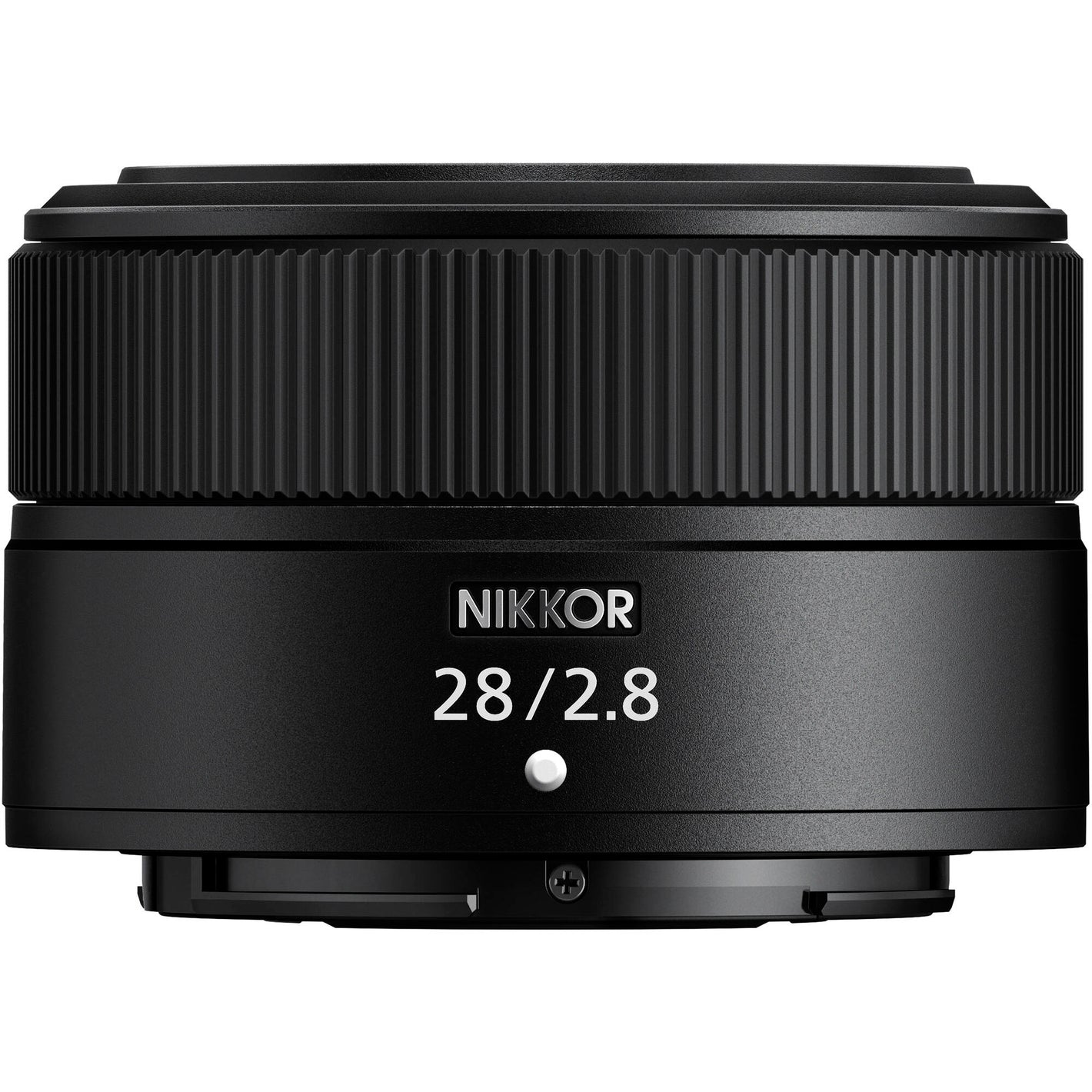 Black Nikon camera lens on a white background