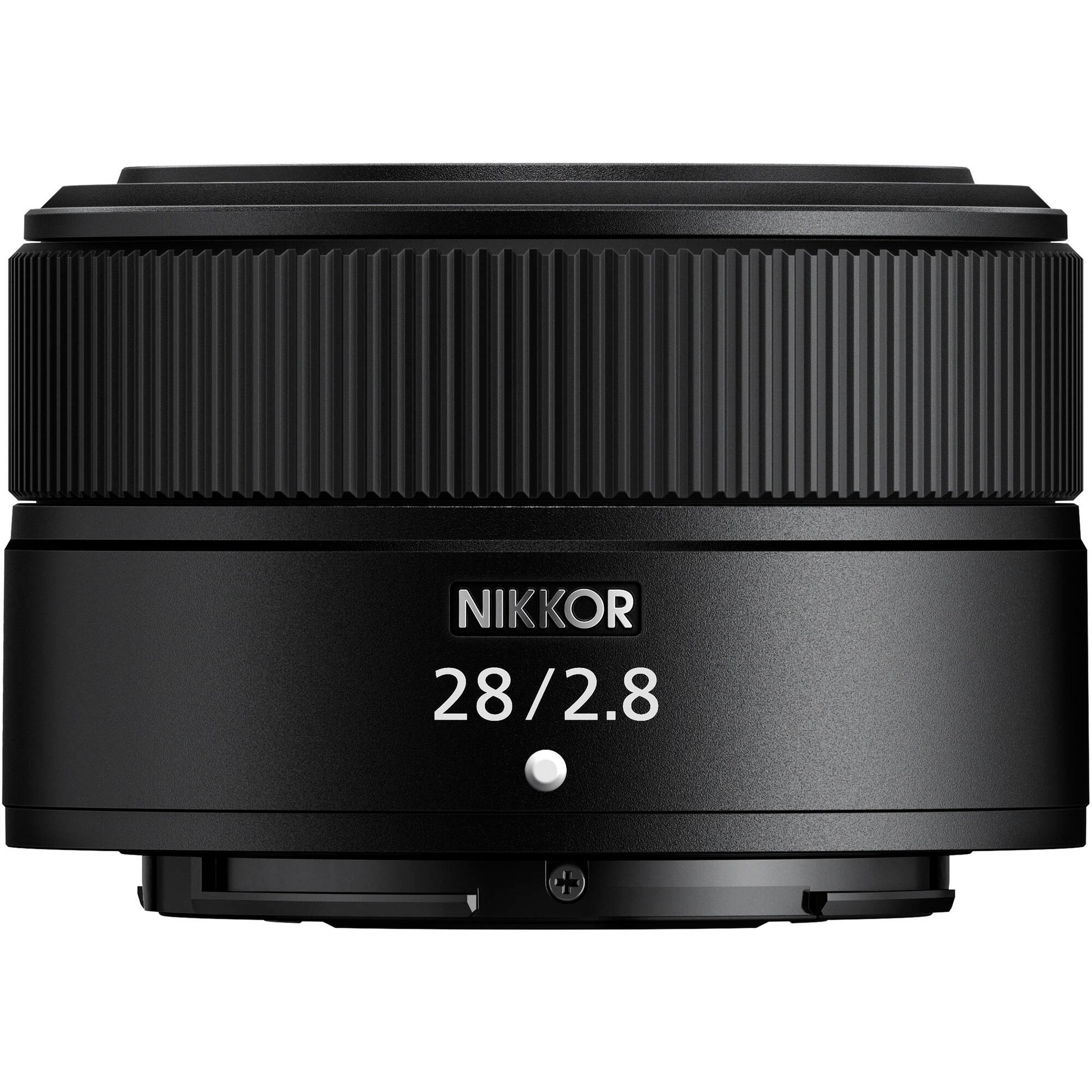Black Nikon camera lens on a white background