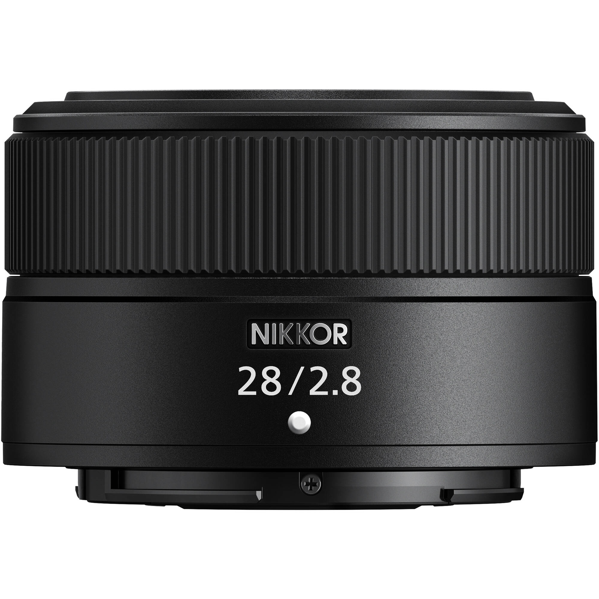 Black Nikon camera lens on a white background