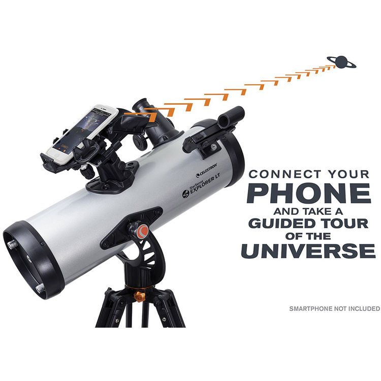 Telescope with smartphone mount on a white background, featuring text about connecting a phone for an guided tour of the universe.