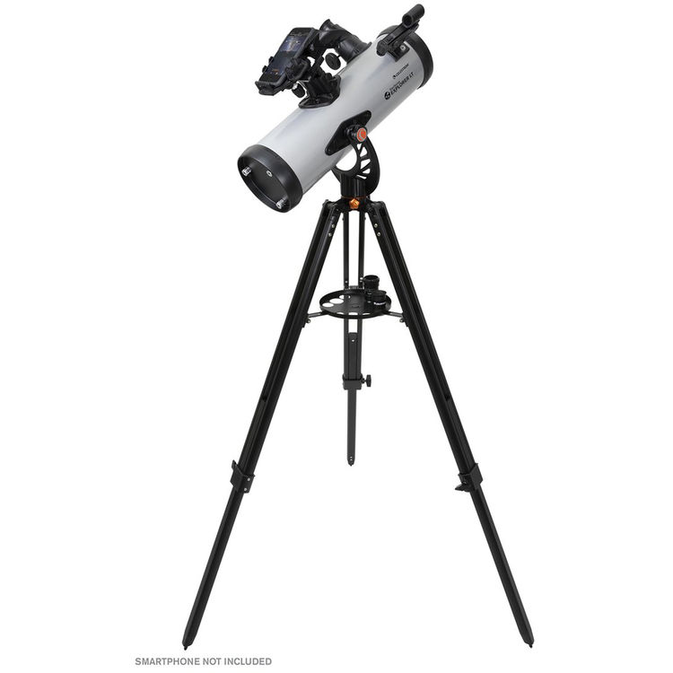 Telescope with a white tube and black tripod on a white background