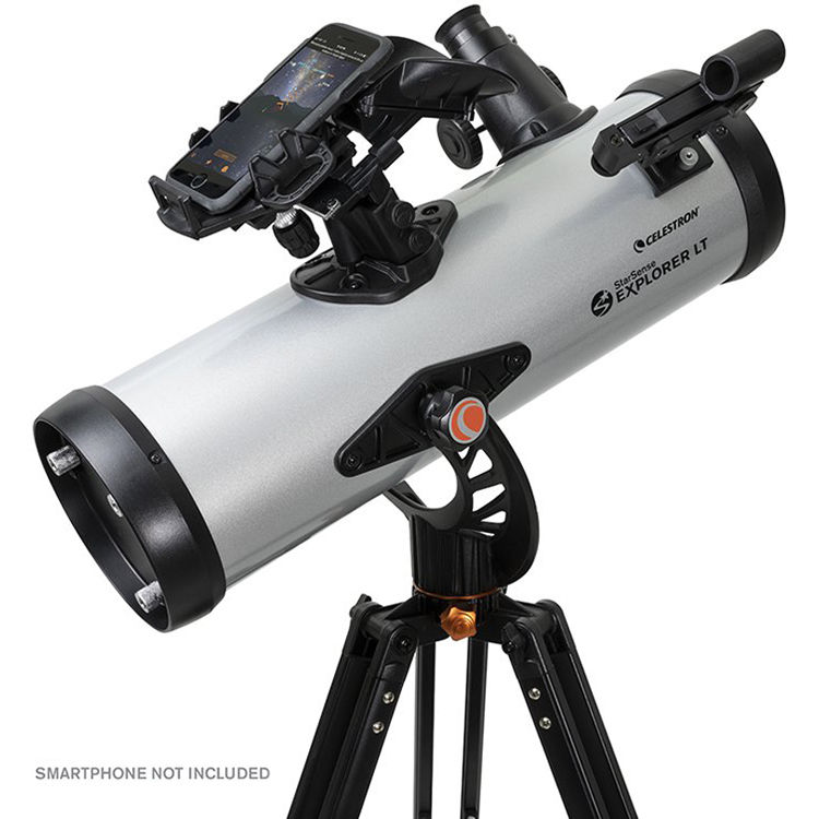 Celestron telescope with smartphone mount on a white background