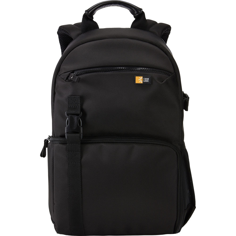 Black backpack with a visible brand logo on a white background