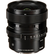 Sigma 20mm f/2 DG DN Contemporary wide-angle prime lens for full-frame mirrorless cameras featuring bright f/2 aperture, advanced optical design with FLD and SLD elements, and compact durable construction.
