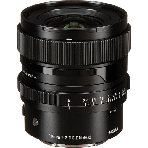 Sigma 20mm f/2 DG DN Contemporary wide-angle prime lens for full-frame mirrorless cameras featuring bright f/2 aperture, advanced optical design with FLD and SLD elements, and compact durable construction.