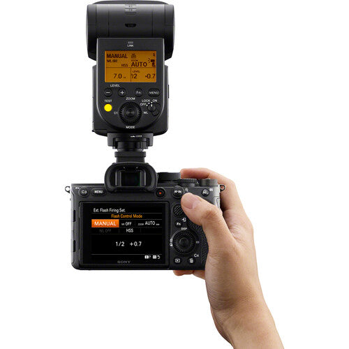 Sony HVL-F60RM2 professional wireless flash with GN60 output, radio control, and bounce system for Sony Alpha cameras.