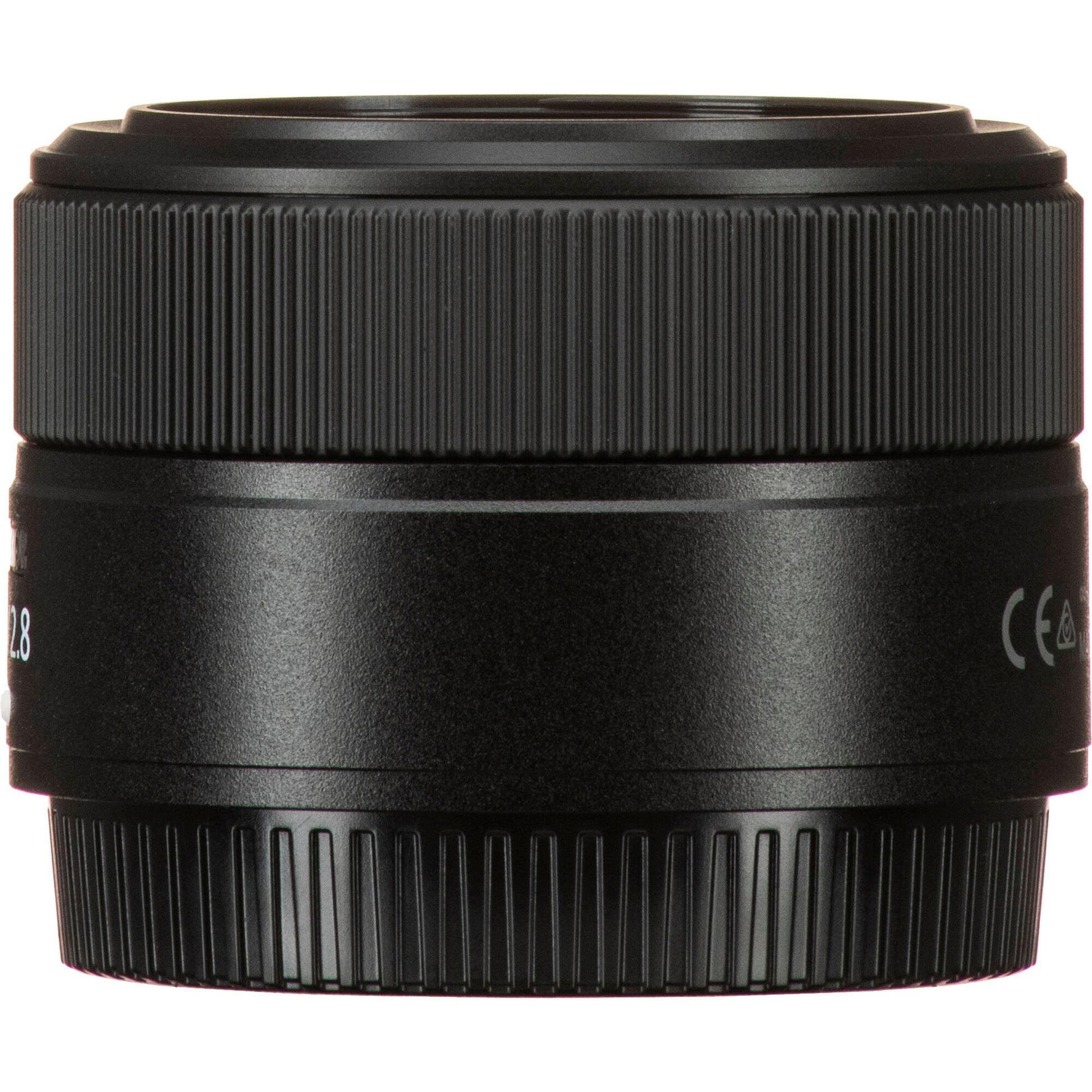 Black camera lens on a white background