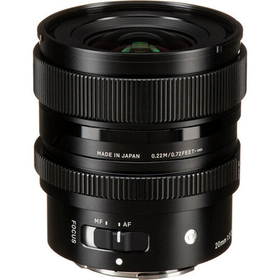 Sigma 20mm f/2 DG DN Contemporary wide-angle prime lens for full-frame mirrorless cameras featuring bright f/2 aperture, advanced optical design with FLD and SLD elements, and compact durable construction.