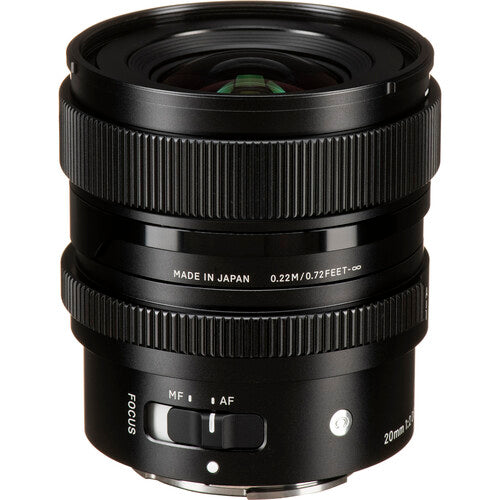 Sigma 20mm f/2 DG DN Contemporary wide-angle prime lens for full-frame mirrorless cameras featuring bright f/2 aperture, advanced optical design with FLD and SLD elements, and compact durable construction.