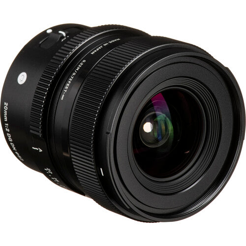 Sigma 20mm f/2 DG DN Contemporary wide-angle prime lens for full-frame mirrorless cameras featuring bright f/2 aperture, advanced optical design with FLD and SLD elements, and compact durable construction.