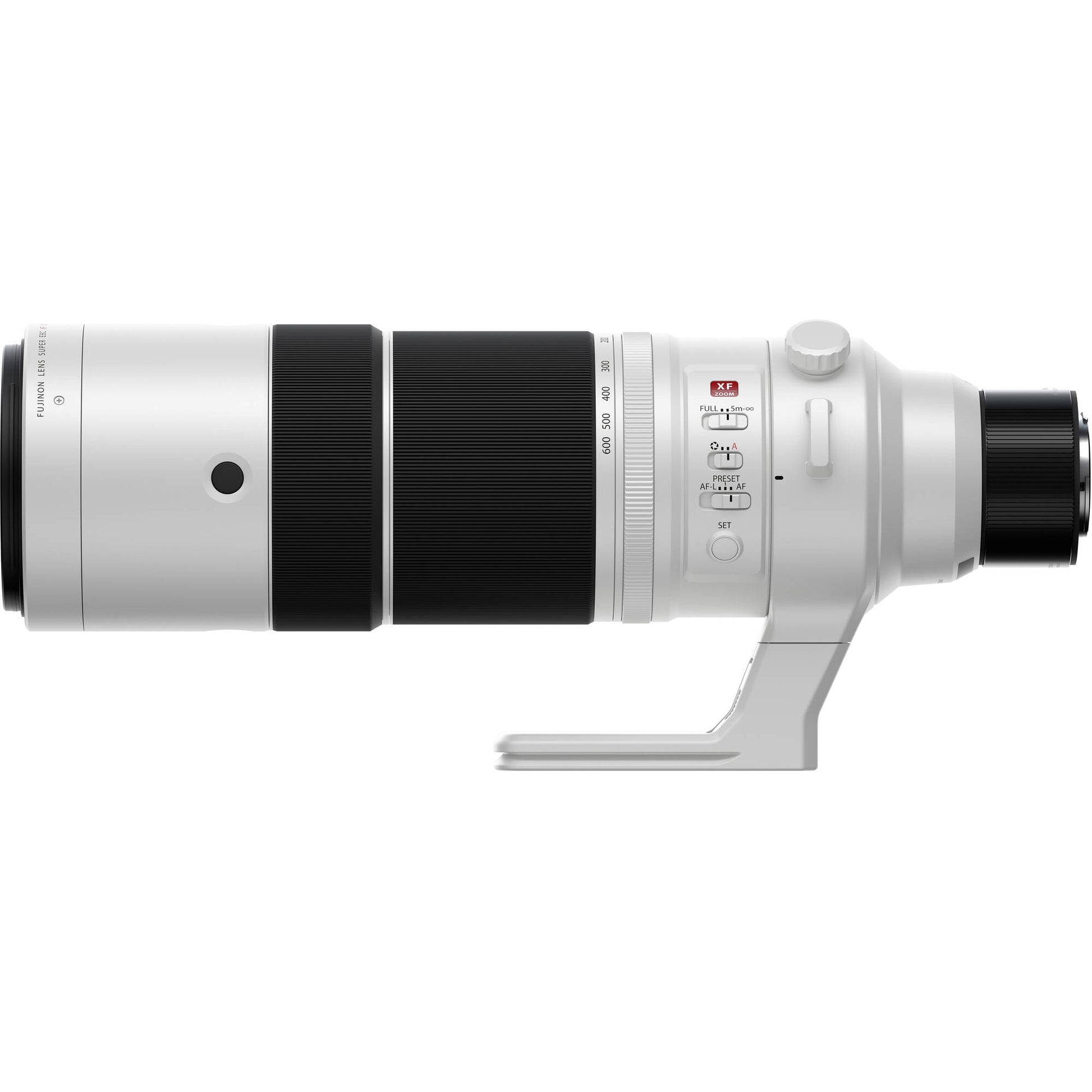 Camera lens with white body and black accents on a white background