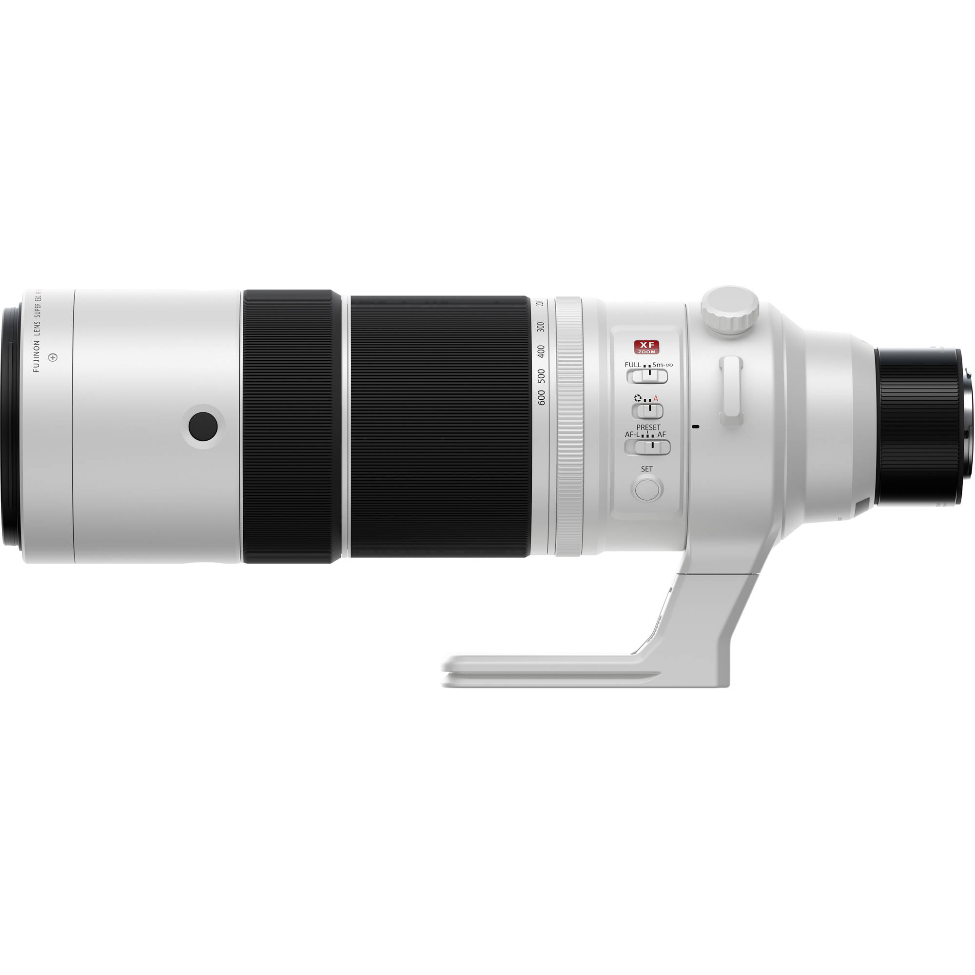 Camera lens with white body and black accents on a white background