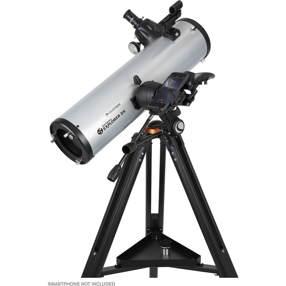 Telescope on a stand with 'Explorer DX' branding on a white background
