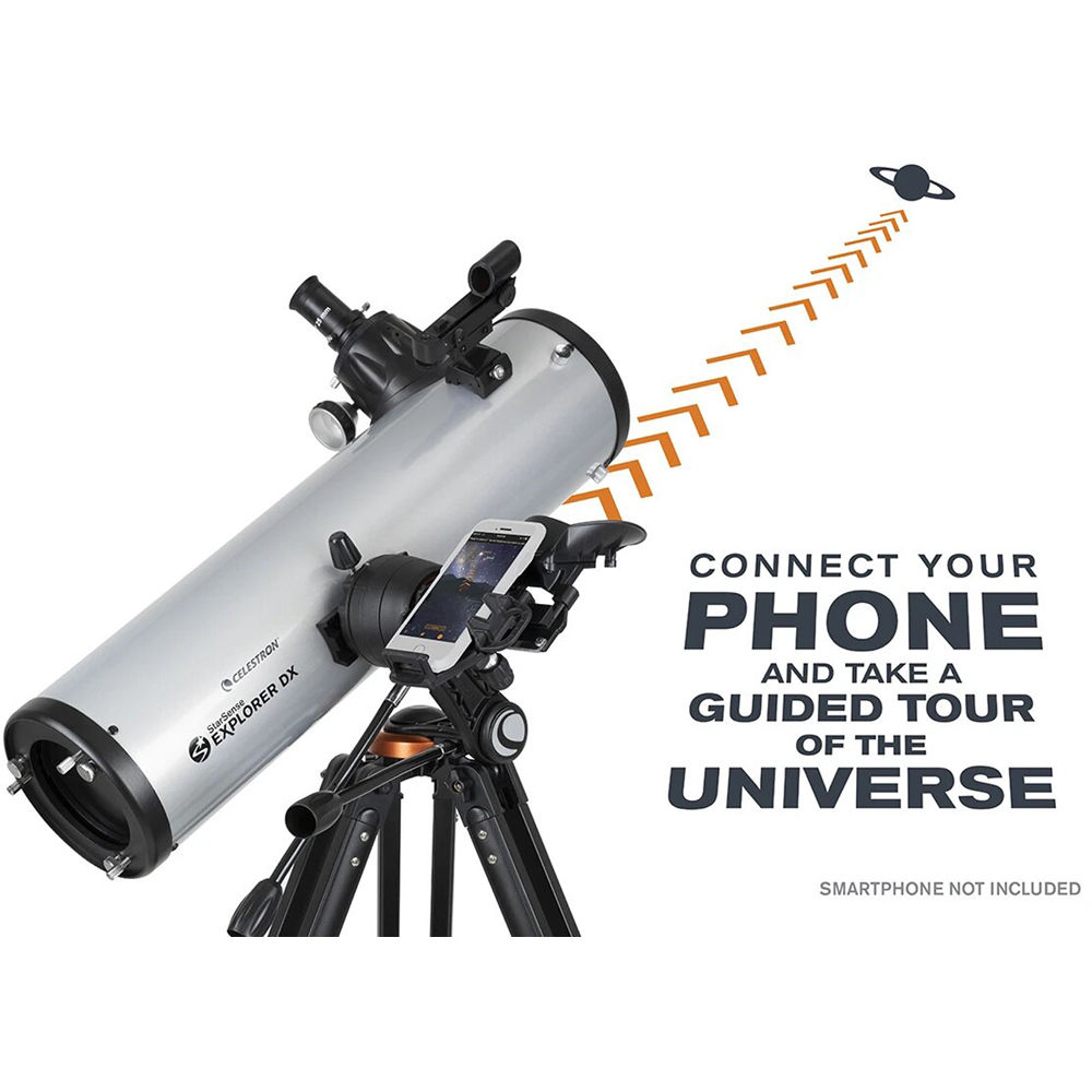 Telescope with smartphone attachment on a white background, promoting a guided tour of the universe.