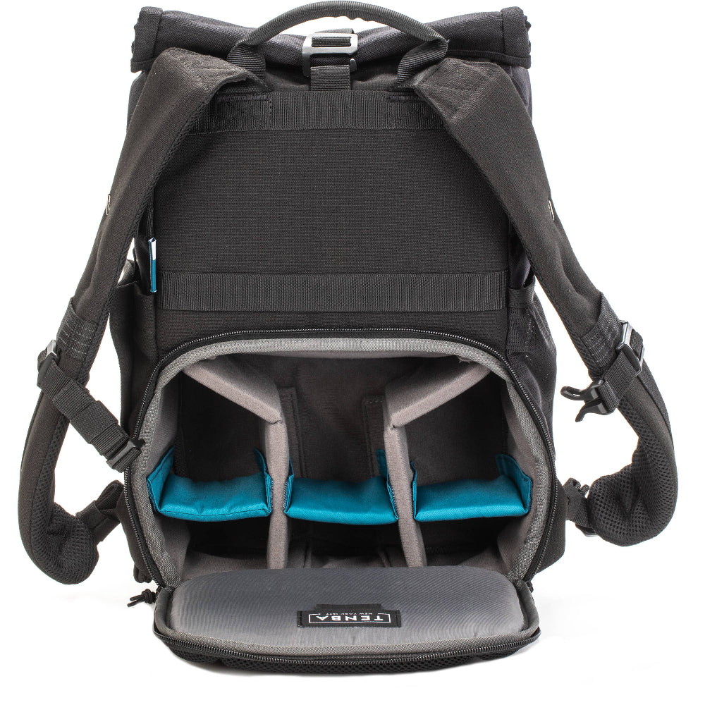The Backpack combines style with modern functionality, it offers secure camera storage, expandable rolltop design, and space for gear.