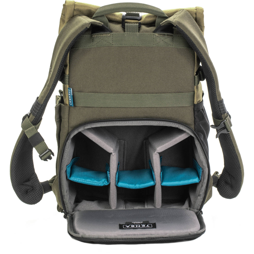 The Tenba Fulton V2 10L Backpack offers secure camera storage, an expandable rolltop design, and room for DSLR or mirrorless gear, drones, and personal items.