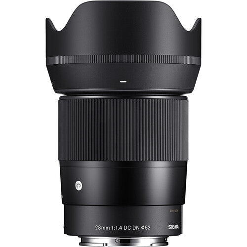 Sigma 23mm f/1.4 DC DN Contemporary wide-angle prime lens for APS-C mirrorless cameras featuring bright f/1.4 aperture, advanced optics with SLD and aspherical elements, compact lightweight design, and quiet high-speed autofocus.