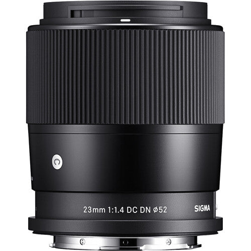 Sigma 23mm f/1.4 DC DN Contemporary wide-angle prime lens for APS-C mirrorless cameras featuring bright f/1.4 aperture, advanced optics with SLD and aspherical elements, compact lightweight design, and quiet high-speed autofocus.